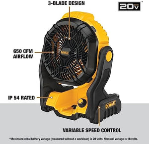 DEWALT 20V MAX* Cordless Fan, Portable, Multi Hanging, Up to 650 CFM Airflow, Tool Only (DCE512B)