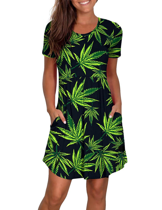 Womens Dresses Summer Casual Short Sleeve Floral Swing Dress with Pockets