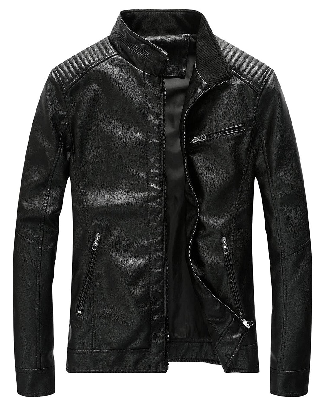 Leather Jacket Men Black Slim Fit Motorcyle Lightweight