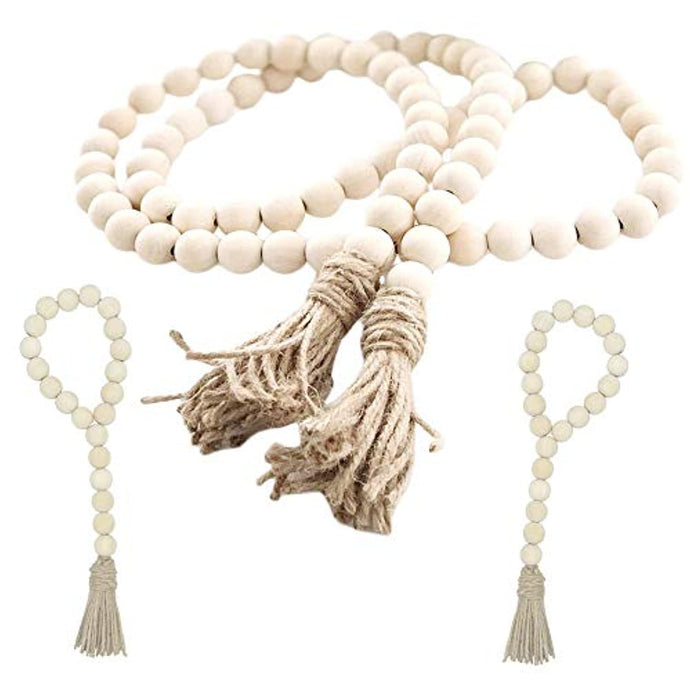Wood Bead Garl Set,3 Pcs Farmhouse Rustic Country Beads With Tassles Wall Hanging Décor