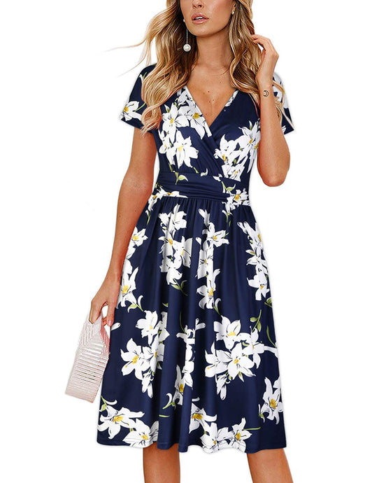 Women's Summer Short Sleeve V-Neck Floral Short Party Dress with Pockets