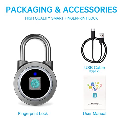 Fingerprint Padlock, Bluetooth Lock, Mobile APP, MEGAFEIS Smart Padlock with Keyless Biometric, Suitable for Gym, Sports, Bike, School, Fence and Storage(Grey)