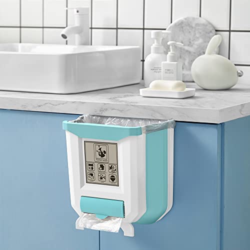 Hanging Kitchen Trash Can, Gintan 13L Foldable Waste Bins, Collapsible Mini Hanging Garbage Can for Cabinet/Car/Bedroom/Bathroom,Plastic (Green)