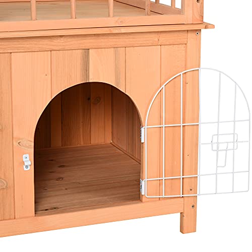 PawHut D30-075 2-Story Wood Pet House Cat Tree Small Dog Puppy Bed Platform Outdoor Shelter with Stair, Natural Wood Color