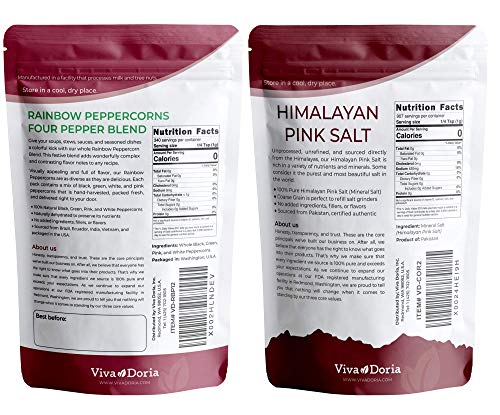 Viva Doria Rainbow Peppercorn Blend (Steam Sterilized Whole Black, White, Green and Pink Peppercorn) 12 Oz (340 g) and Himalayan Pink Salt (Coarse Grain) 2 lb (907 g) for Grinder Refills