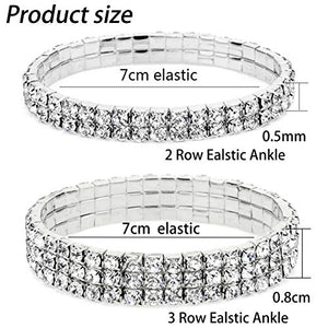 2PCS Twinkle Diamond Anklet,LucBuy Elastic Rhinestone Ankle Bracelet for Women,Crystal Silver-Tone Sparkling Charm Foot Jewelry Bangle,Bling Shining Bridal Tennis Anklets