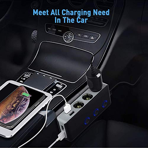Quick Charge 3.0 Cigarette Lighter Adapter, Cossato 120W 12V/24V 3-Socket Power Splitter DC Outlet with 8.5A 4 USB Ports Multifunction Car Charger, LED Display Voltage, Upgraded On Off Switch