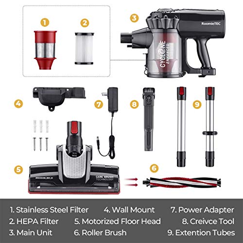 ROOMIE TEC Cordless Stick Vacuum Cleaner, 2 in 1 Handheld Vacuum with 120W Suction Power, Stainless Steel Filter + HEPA Filter, Designed for Floor, Carpet, and Pet Hair - RMDY595