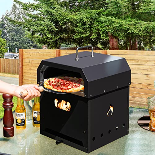 COSTWAY 4-in-1 Outdoor Pizza Oven, 2-Layer Detachable Grill Oven and Fire Pit With Pizza Stone, Pizza Peel, Cover & Cooking Grill Grate, Wood Fired Pizza Maker