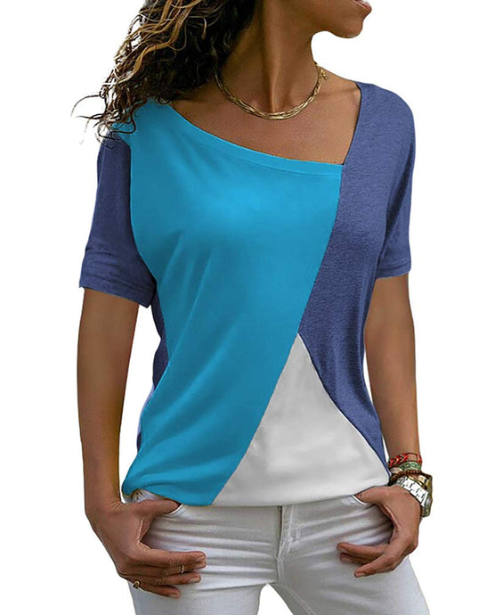 Womens Shirts Casual Tee Shirts Short Sleeve Patchwork Color Block Loose Fits Tunic Tops Blouses