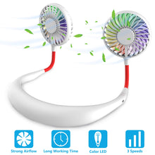 Cargar imagen en el visor de la galería, Hands Free Portable Neck Fan - Rechargeable Mini USB Personal Fan Battery Operated with 3 Level Air Flow, 7 LED lights for Home Office Travel Indoor Outdoor (White)