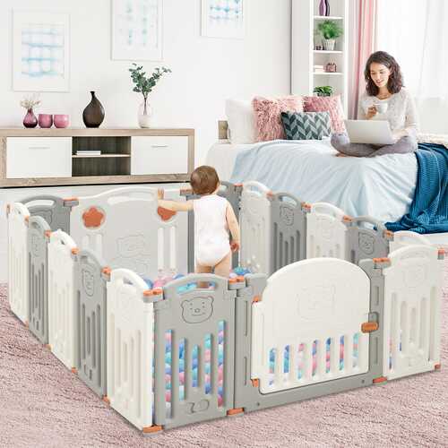 16 Panel Activity Safety Baby Playpen w/ Lock Door-Beige