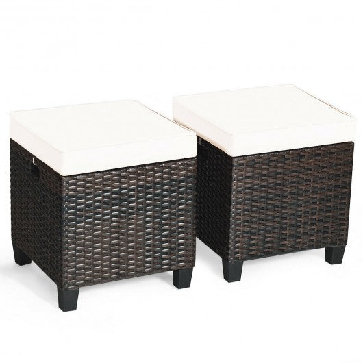 2 Pcs Patio Rattan Ottoman Cushioned Seat Foot Rest