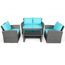 Cargar imagen en el visor de la galería, 4 Pcs Patio Rattan Furniture Set Sofa Table with Storage Shelf Cushion-Turquoise