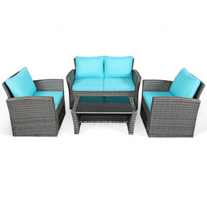 4 Pcs Patio Rattan Furniture Set Sofa Table with Storage Shelf Cushion-Turquoise