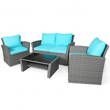 Cargar imagen en el visor de la galería, 4 Pcs Patio Rattan Furniture Set Sofa Table with Storage Shelf Cushion-Turquoise