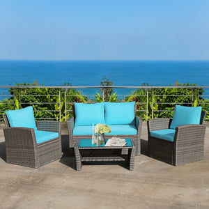 4 Pcs Patio Rattan Furniture Set Sofa Table with Storage Shelf Cushion-Turquoise