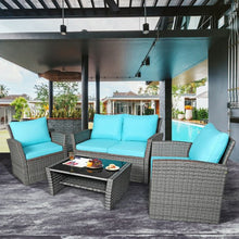 Cargar imagen en el visor de la galería, 4 Pcs Patio Rattan Furniture Set Sofa Table with Storage Shelf Cushion-Turquoise