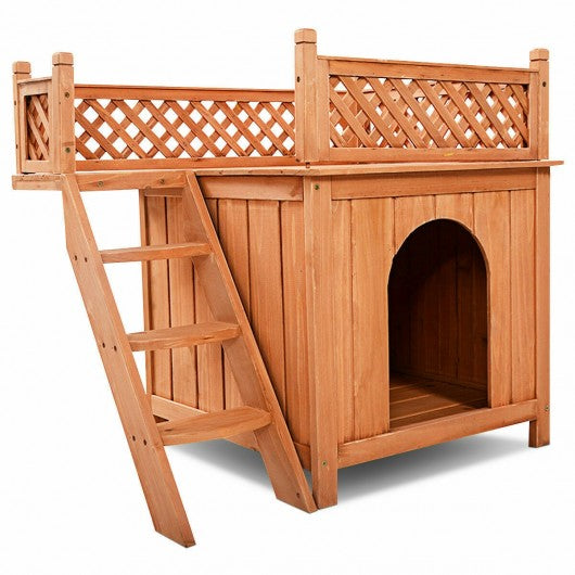 Wood Pet Dog House with Roof Balcony & Bed Shelter